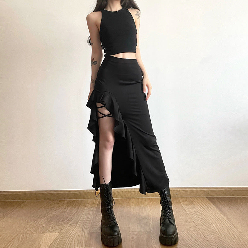 Free shipping  summer new women's clothing solid color slim-fit street fashion high-waisted hip-wrapped split skirt dress