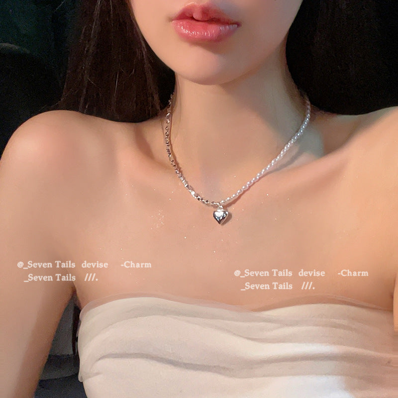 欧美冷淡风爱心珍珠碎银项链 小众ins气质锁骨链时尚简约个性项饰