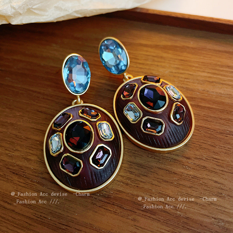 中古银针镶钻椭圆耳环夸张复古设计感耳钉欧美高级感气质耳饰批发