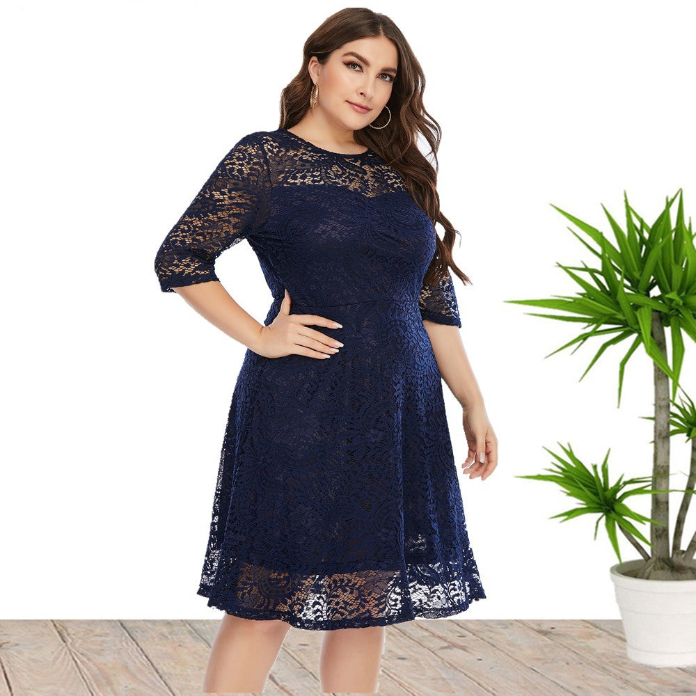 Fashion women's wear 2024   plus Size Women's Clothes round Neck Lace Mid-Length Formal Dress Dress Sq0156