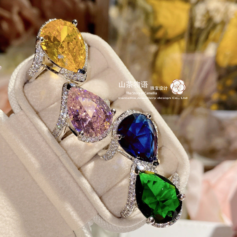 Camellia富婆款仿帕帕拉恰戒指 镀金超大夸张黛粉锆直播引流戒指