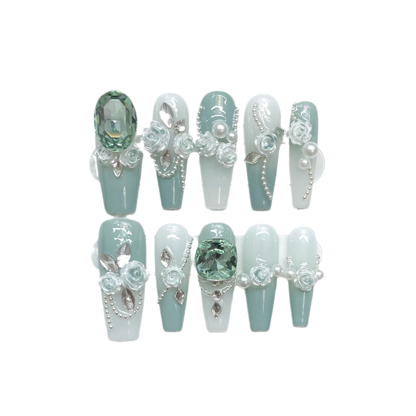 (Hand-Made Nail) [Original Real Shot] Manicure Wear Nail Green Full Diamond Camellia Gradient Chain All-Match National Style New Chinese Style