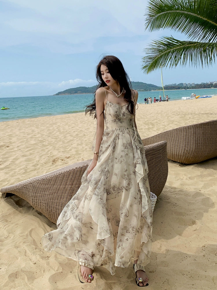 Fashion women's wear Phantom Fairy Ink Blue and White Suspender Dress Sanya Holiday Beach Skirt Irregular Ruffled Floral Dress