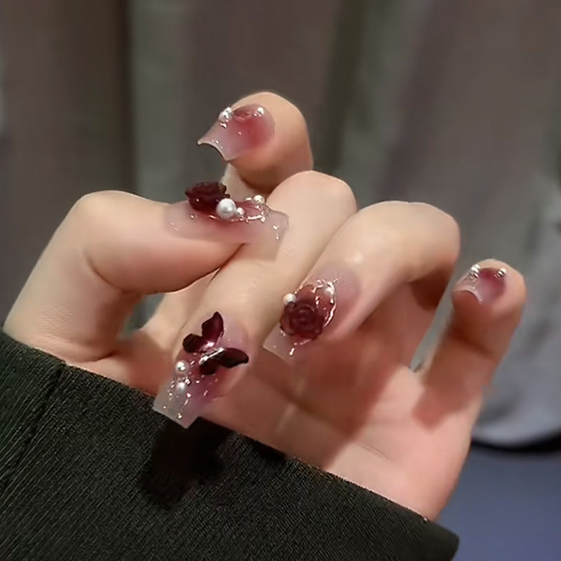 暮色山茶穿戴甲钻款指甲贴片腮红美甲片蝴蝶假指甲美甲贴片成品甲