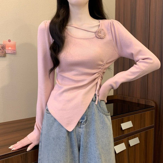 Dopamine tops Free shipping Tattoo Dopamine red three-dimensional flower long-sleeved knitted sweater for women's early autumn side drawstring closed waist and thin outer wear small top