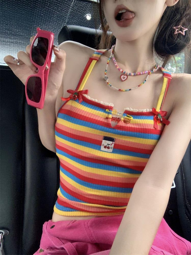 Dopamine tops Free shipping Tattoo Dopamine Sweet Babes Cross Strap Girls French Niche Suspender Vest Outside Sleeveless Striped Design Top
