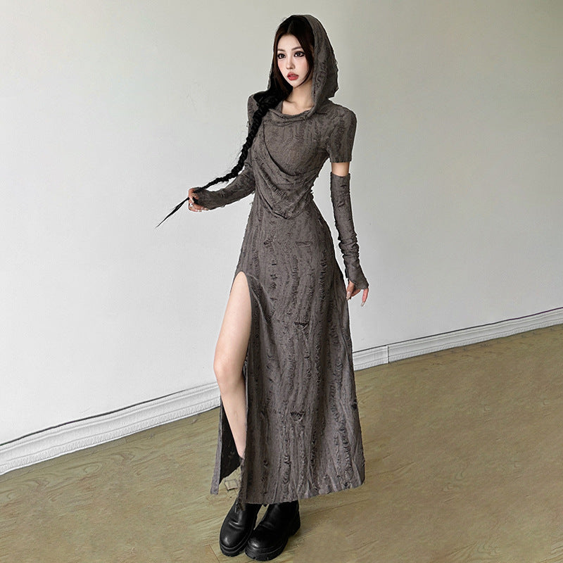 Free shipping   new women's clothing solid color slim-fitting high-waisted fashion hooded long-sleeved split dress