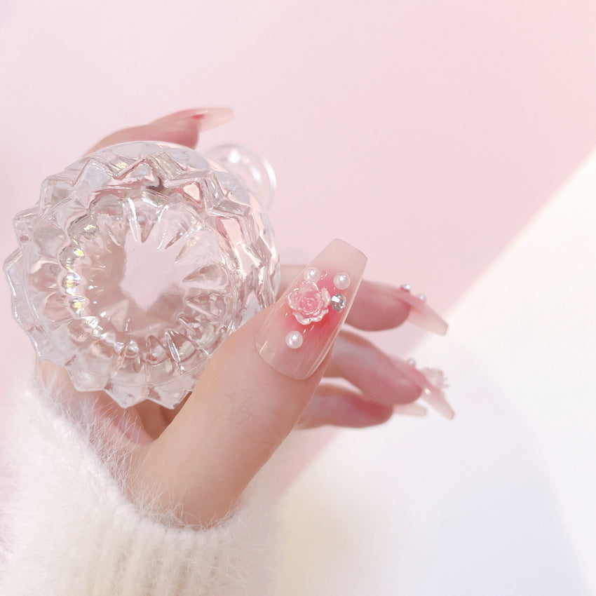 Fashion  nail Glitter Transparent Camellia Gentle Wear Manicure Girl Three-Dimensional Camellia Fake Nail Tip Finished Product Y54