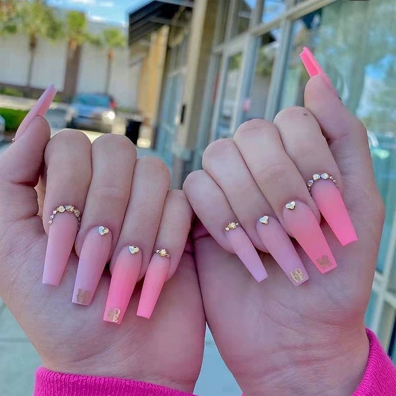 (Hand made nail) European and American Spicy Girl Super Long Instagram Dark Small Stand Retro Trapezoidal Shining Diamond Beauty False Nail Patch Detachable Wearable Nail