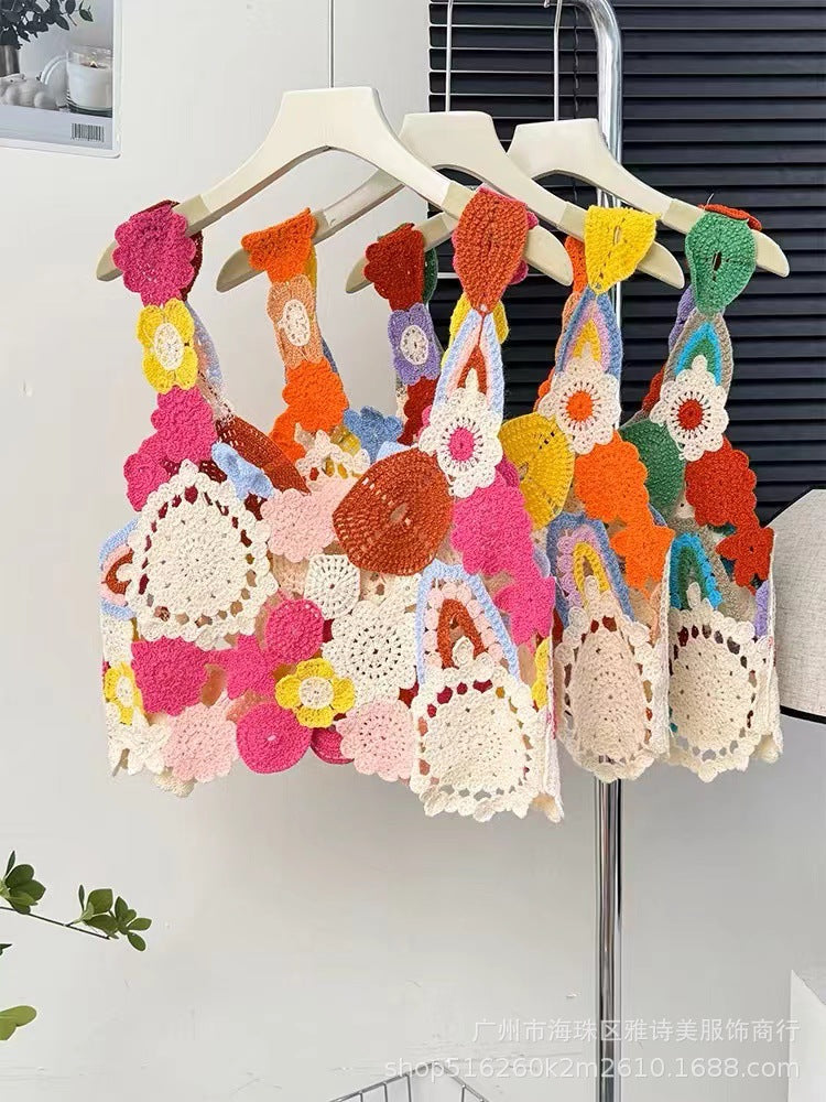 Dopamine tops Free shipping Tattoo Dopamine girly feeling colorful flower hollow sling vest women's summer design sense niche sweet knitted top