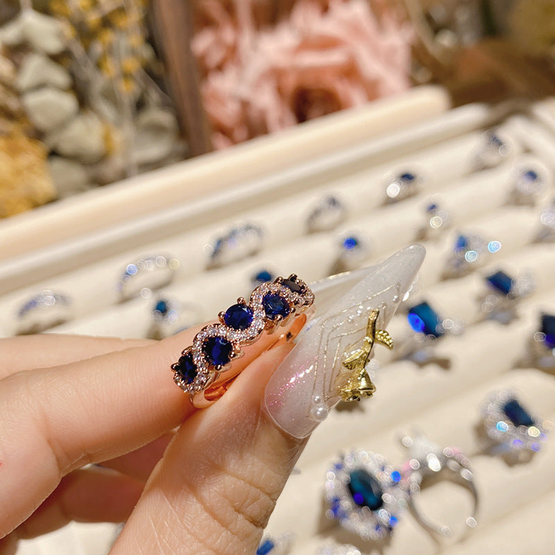 山茶高定珠宝设计蓝刚玉彩宝戒指  法式奢华高级仿天然透辉石指环