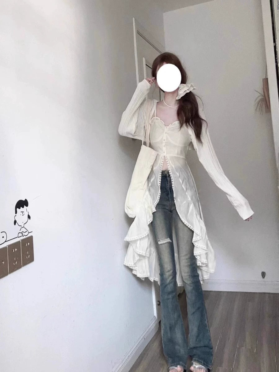 Fashion women's wear French Tea Break Gentle Ruffled Splicing Sling Dress Women's Spring 2024 New Long Sleeve Two-Piece Suit with a Shawl
