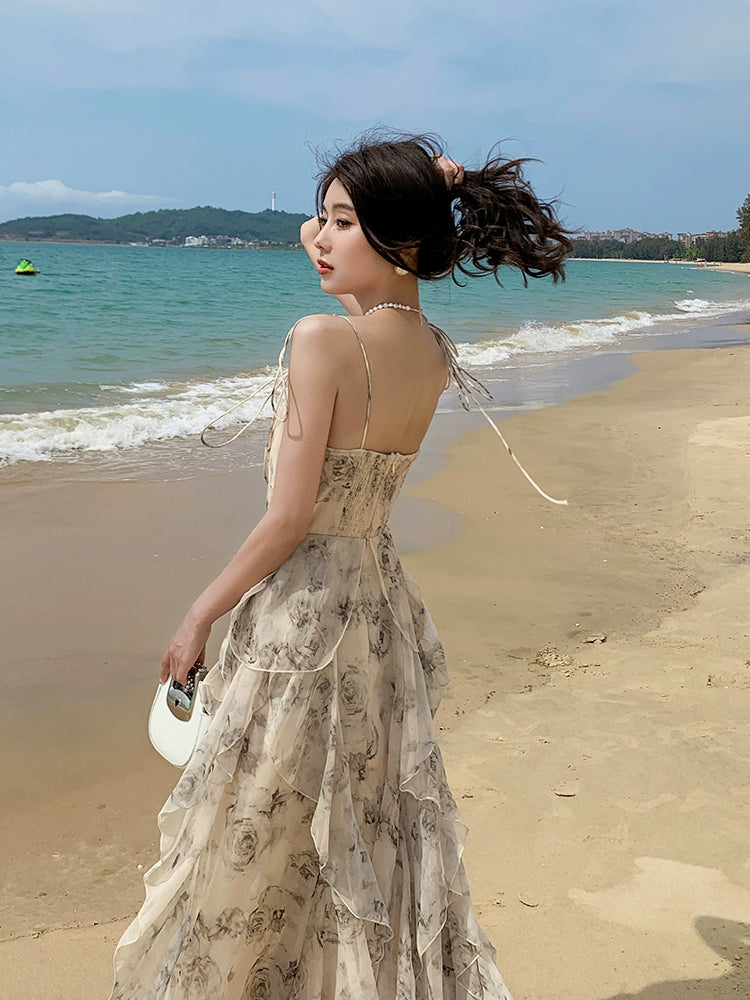 Fashion women's wear Phantom Fairy Ink Blue and White Suspender Dress Sanya Holiday Beach Skirt Irregular Ruffled Floral Dress