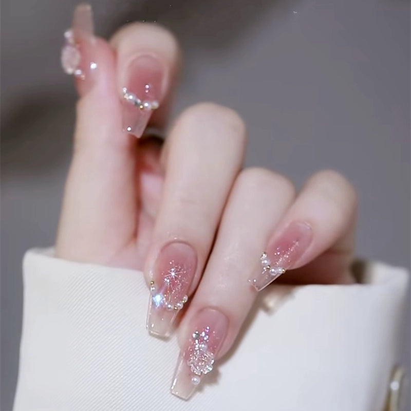 (Hand-made nail) Hand-customized fake nails patch finished product smog blue camellia manicure advanced sense bride A pregnant woman wears a nail.