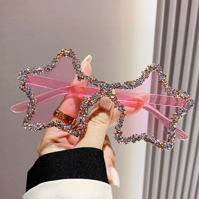 Women's fashion glasses 欧美新款五角星跨境镶钻无框太阳镜女时尚个性拍照墨镜夸张舞会
