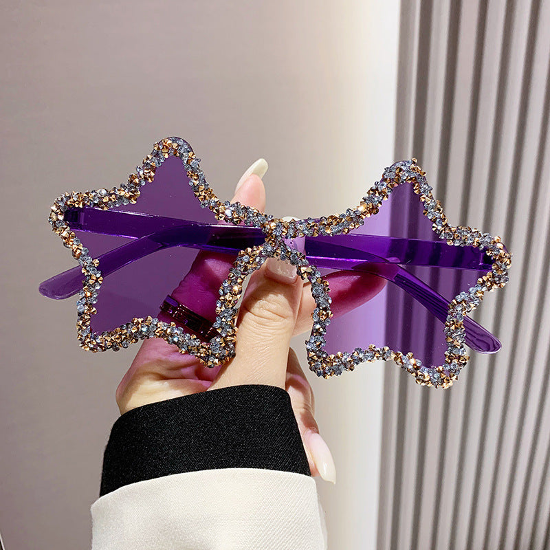 Women's fashion glasses 欧美新款五角星跨境镶钻无框太阳镜女时尚个性拍照墨镜夸张舞会