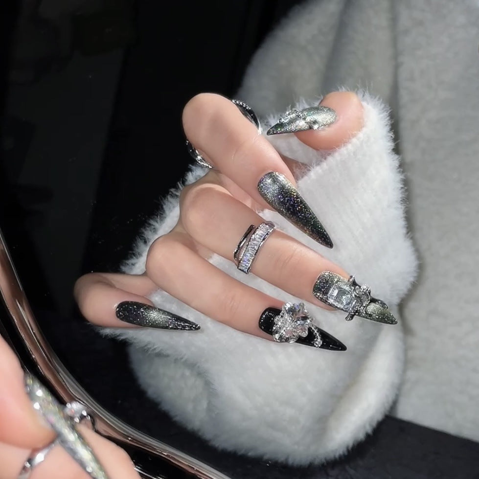 (reusable nail)Shangxin hand-worn armor factory straight hair high-end heavy industry Diablo charm snow long armor hand-made nail art wholesale products.