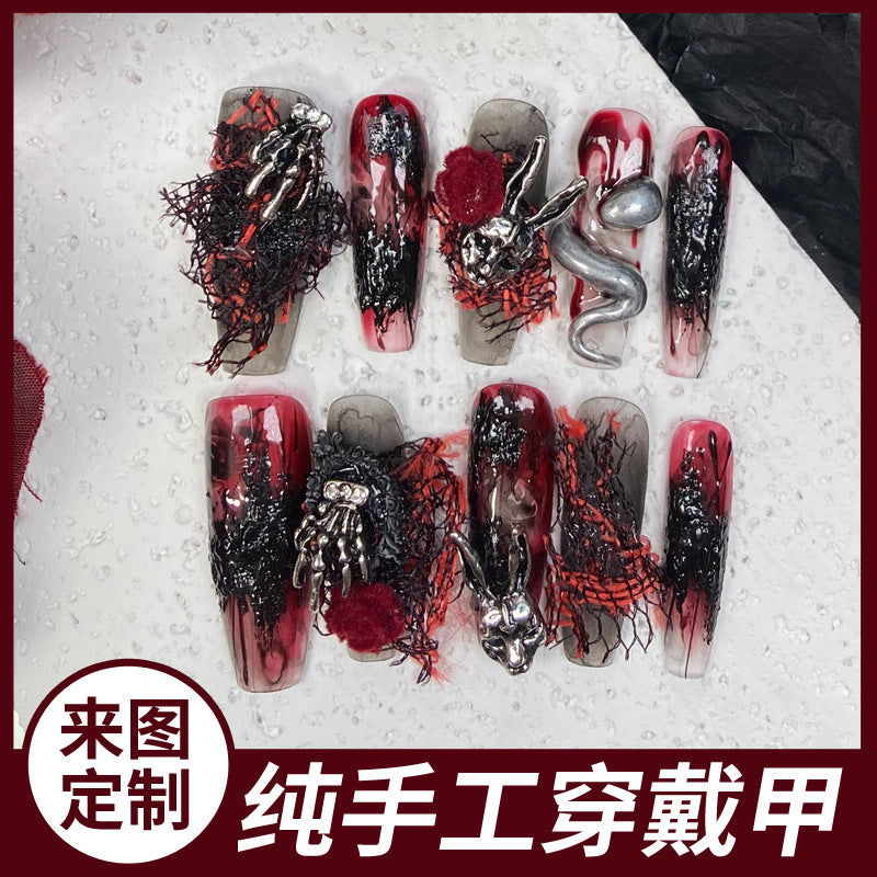 (Hand-Made Nail) Handmade Wear Nail Factory Straight Hair Dark Nail Art Halloween Skull Baroque Heavy Industry Metal Punk Goth