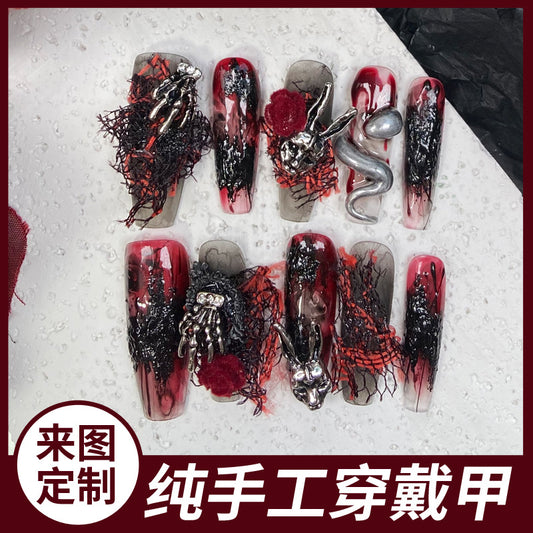 (Hand-Made Nail) Handmade Wear Nail Factory Straight Hair Dark Nail Art Halloween Skull Baroque Heavy Industry Metal Punk Goth