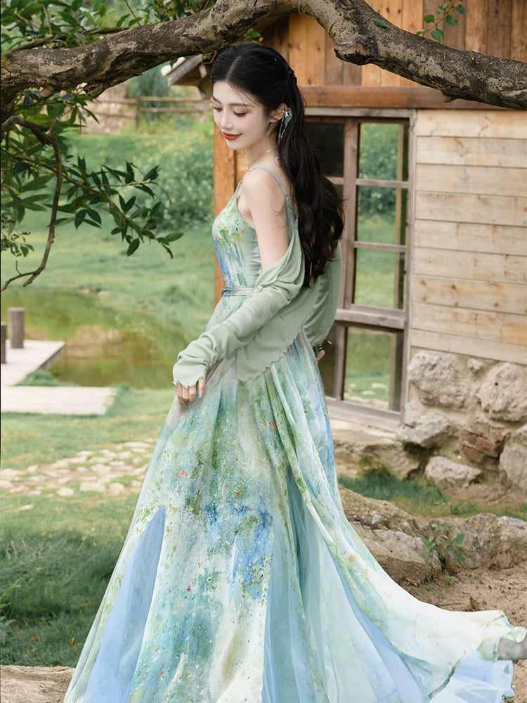Dopamine dress Free shipping Tattoo Summer Dopamine Women's Retro French Style Green Suspender Dress with Cardigan Fairy Holiday Dress