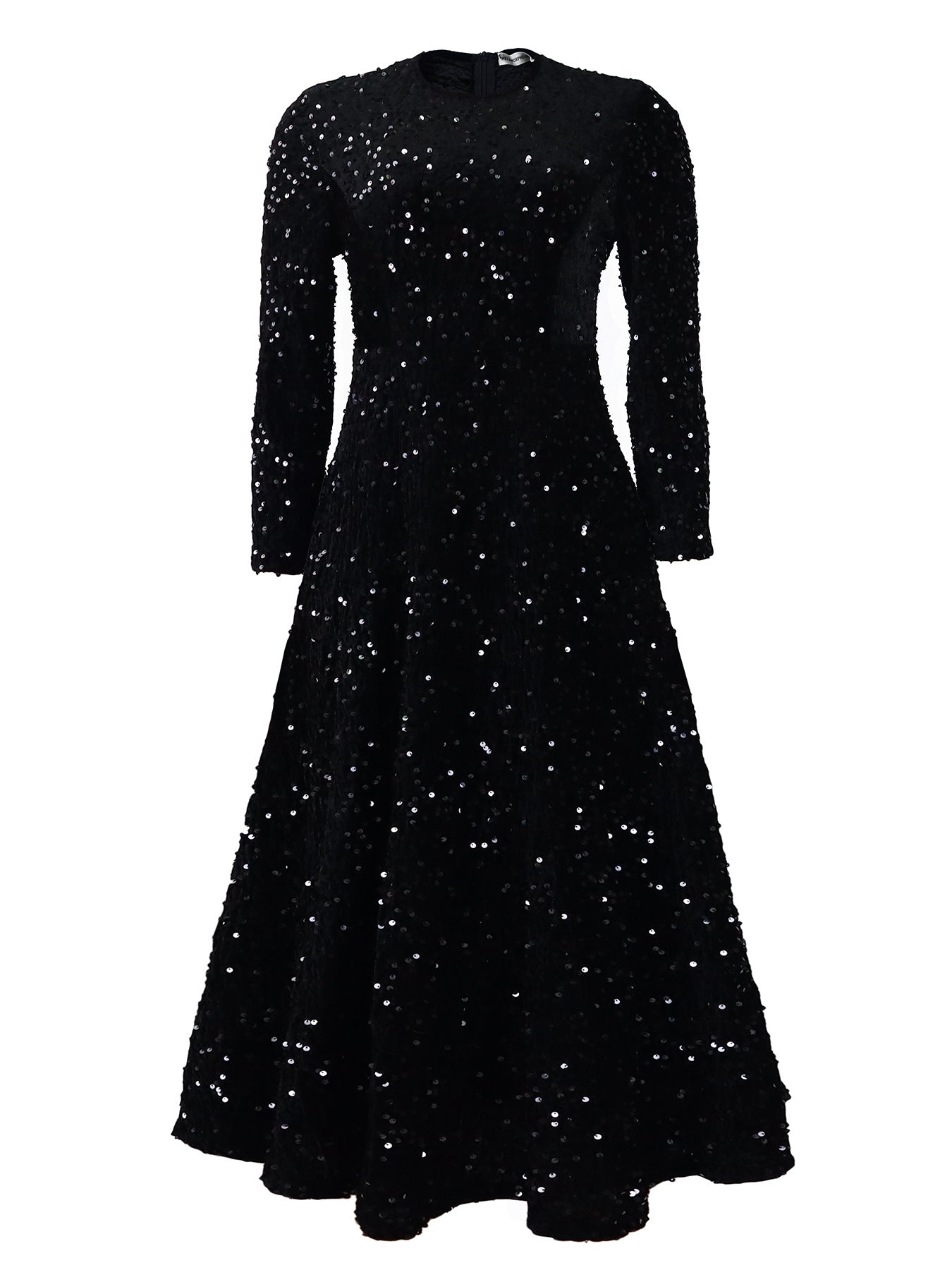 Fashion women's wear D469 Cross-Border New Arrival Women's round Neck Long Sleeve Pure Color Sequins High Waist Temperament Mid-Length Formal Dress European and American Style Dress