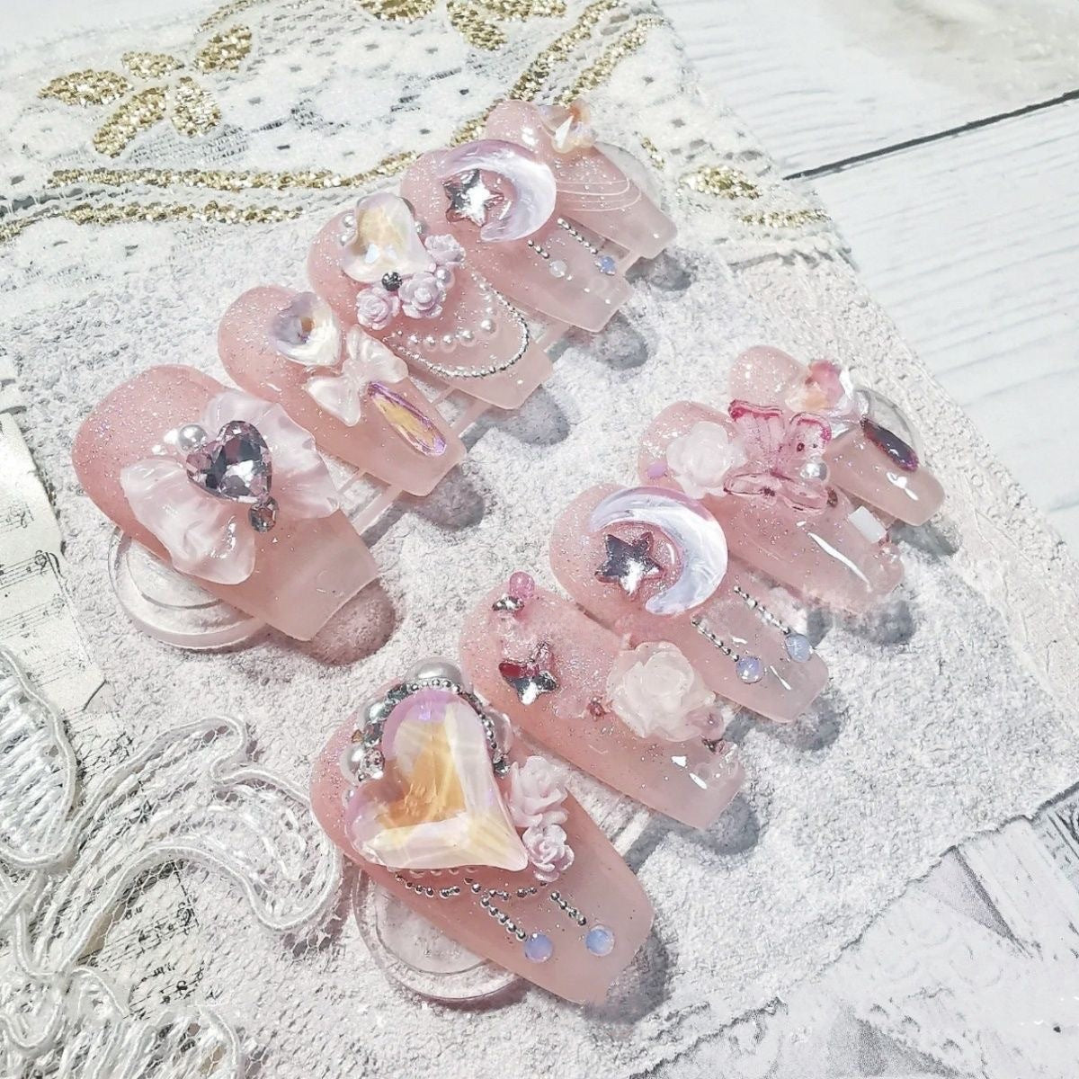 (Hand-Made Nail) Pure Desire Clear Feeling Gentle Fairy Girl Pile Rhinestone Nail Stickers Fake Nail Patch Wear Nail Tip Finished Product Detachable