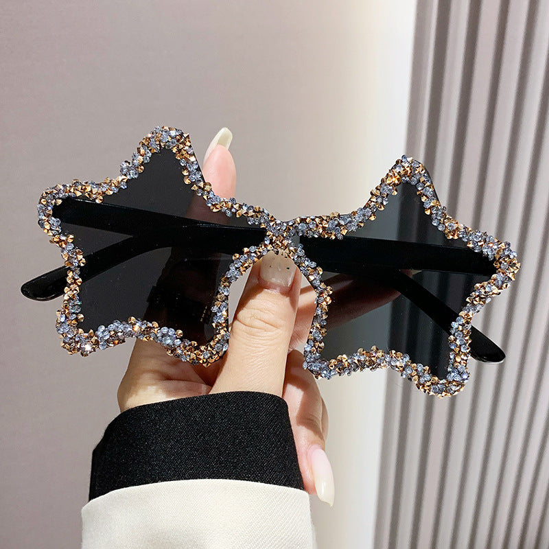 Women's fashion glasses 欧美新款五角星跨境镶钻无框太阳镜女时尚个性拍照墨镜夸张舞会