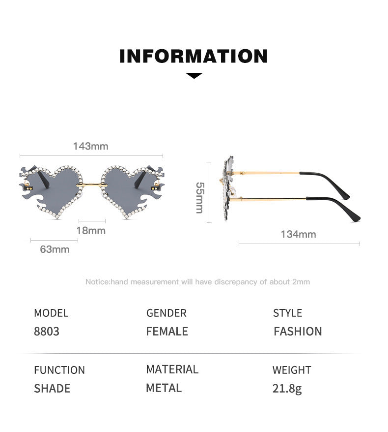 Women's fashion glasses 欧美墨镜太阳镜爱心个性街拍墨镜女无框时尚太阳眼镜批发