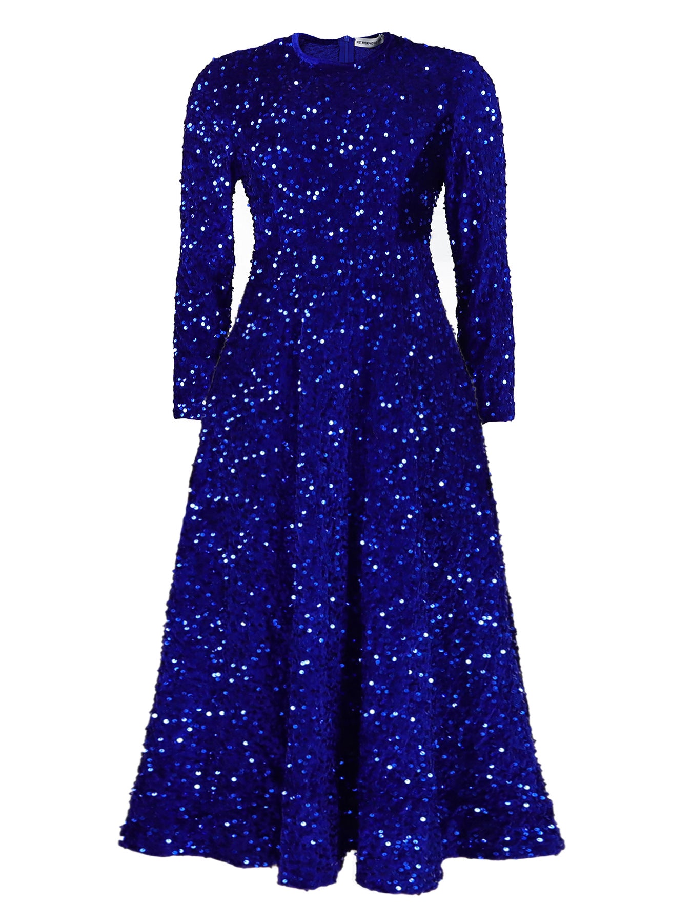 Fashion women's wear D469 Cross-Border New Arrival Women's round Neck Long Sleeve Pure Color Sequins High Waist Temperament Mid-Length Formal Dress European and American Style Dress