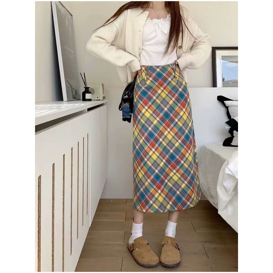 Dopamine dress Free shipping Tattoo Spring, autumn and winter American retro dopamine color skirt fat mm women's high waist and thin hip covering plaid hip wrap skirt