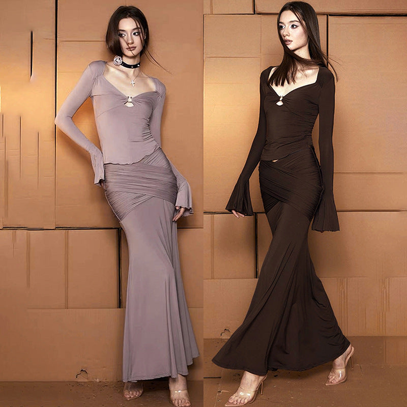Fashion women's wear Q23st451 Lightly Mature 2024 Autumn New Adult Lady like Woman Design Hollow Metal Buckle Top and Skirt Two-Piece Set
