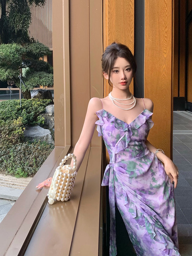 Fashion women's wear Purple Retro Irregular Yunnan Wear Travel Chiffon Floral Strap Dress Seaside Beach Skirt Summer