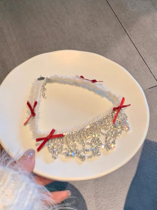 圣诞节双层雪花项链女毛绒choker颈链2023新款爆款锁骨链秋冬配饰