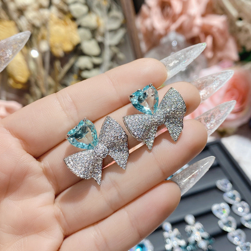 山茶湖光水影海蓝宝石系列耳环 星河璀璨镀18K精致爱心蝴蝶结耳钉