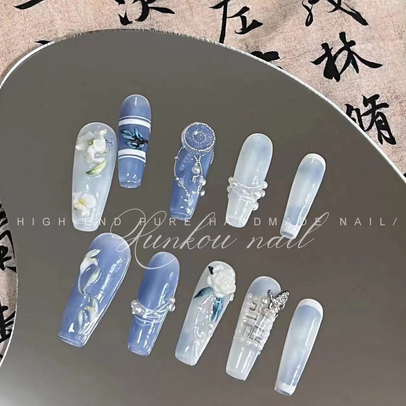 (Hand-Made Nail) Pure Hand-Wear Nail Manicure Pink Nude Pink Butterfly Flash Big Diamond Ice Transparent Fairy Disassembly Heavy Industry Hand-Painted