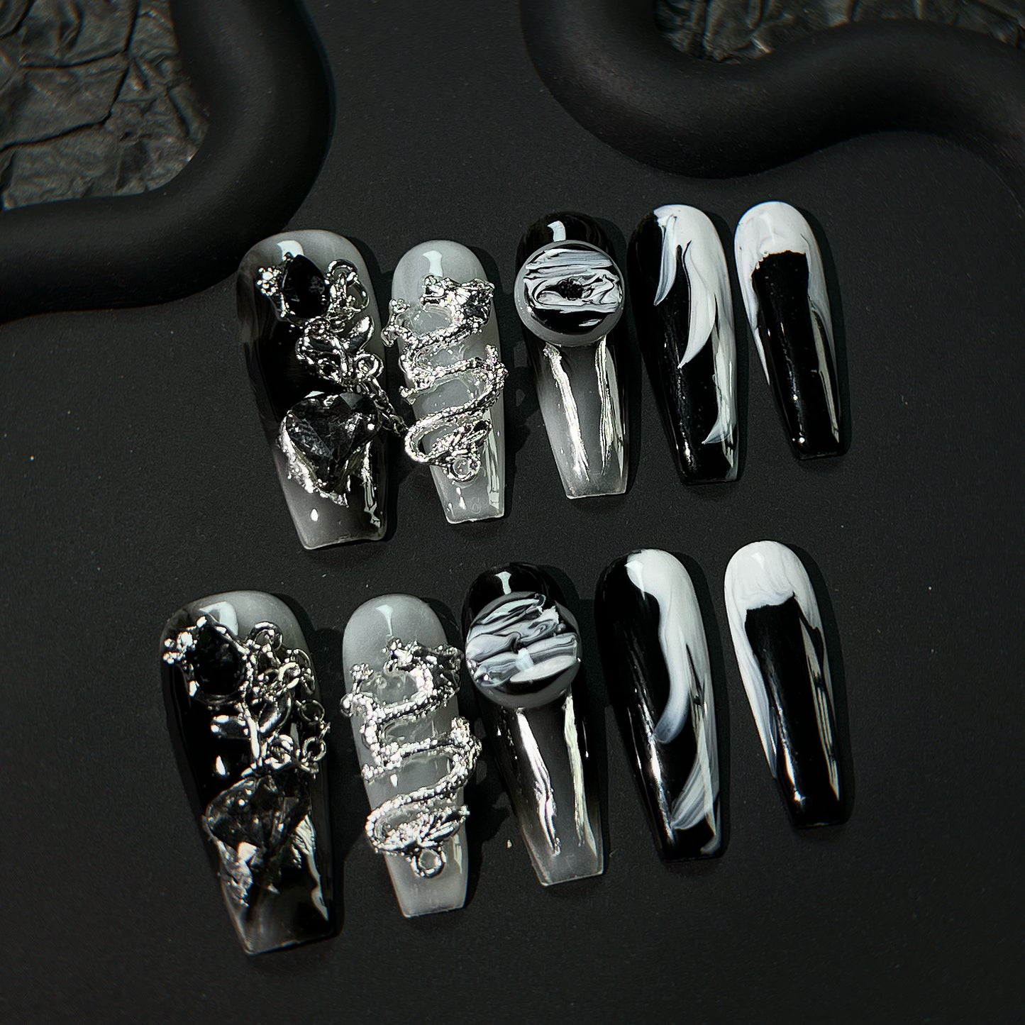 (Hand make nail) [You Long] Wearing armour by hand the Year of the Loong Heavy Industry Metal Ink Advanced Tips Wearing dragon elements
