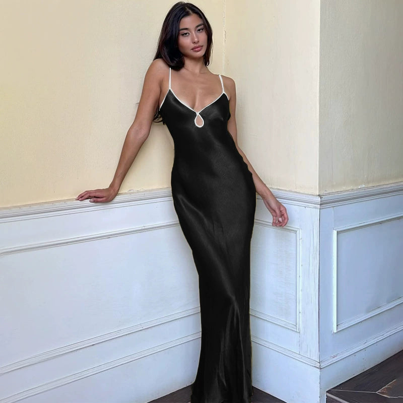 Fashion women's wear High-Grade Solid Color Satin Sling Dress Special-Interest Design French Style Temperament Hot Girl Seaside Vacation Slim Fit Long Dress