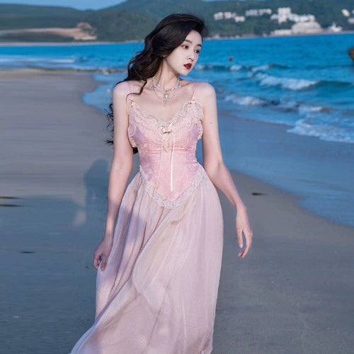 Fashion women's wear French Fried Street Tea Break Milk Sweet Escape Princess Dress Sweet Salt Pink Roses Pure Desire Beautiful Sling Dress