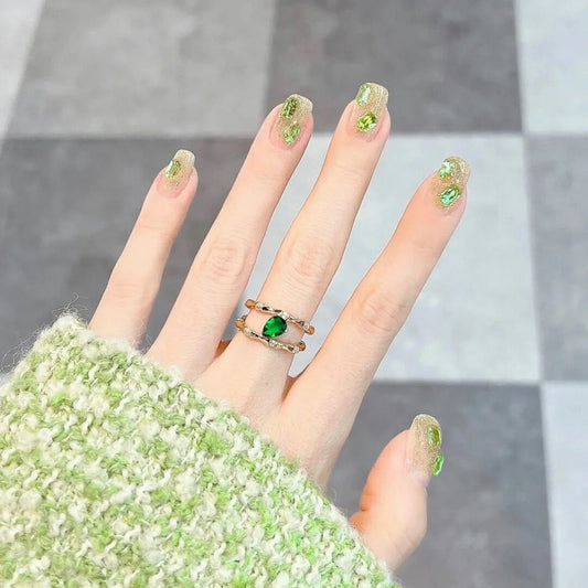 Fashion  nail Internet Celebrity Fake Nail Patch Wear Armor Finished Product Nail Tip Green Square Diamond Nail Stickers Removable Nail Patch Y51