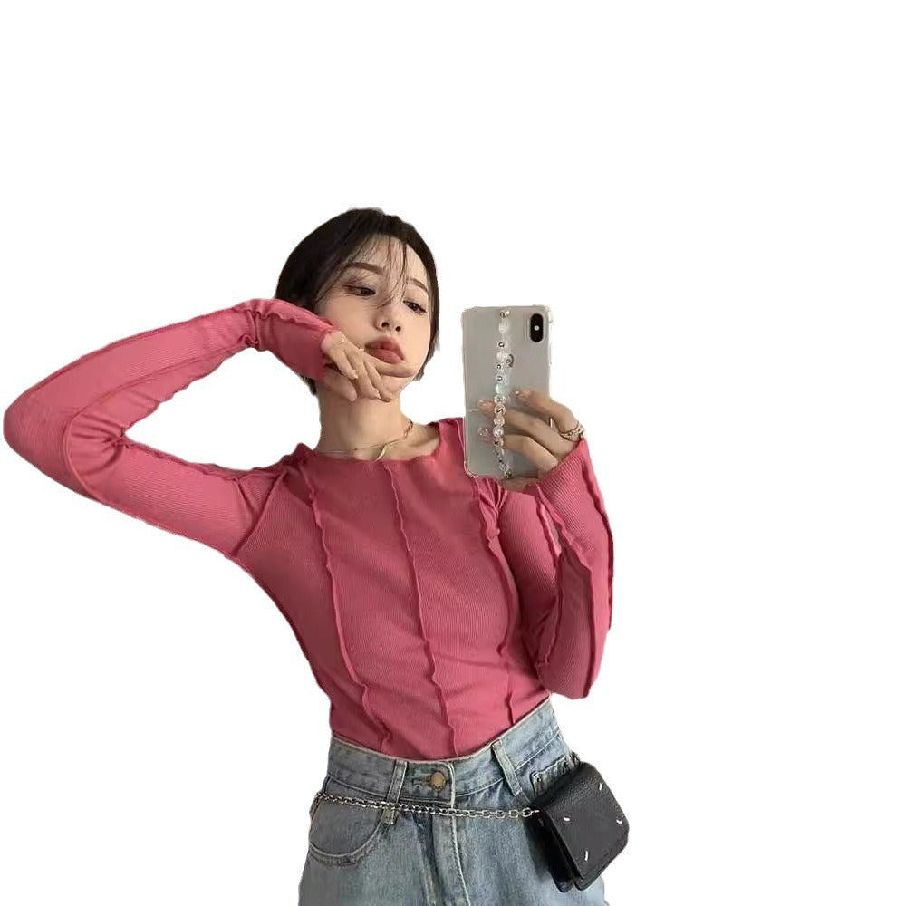 Free shipping women's clothing bright line niche design solid color base T-shirt versatile and thin long sleeves tops