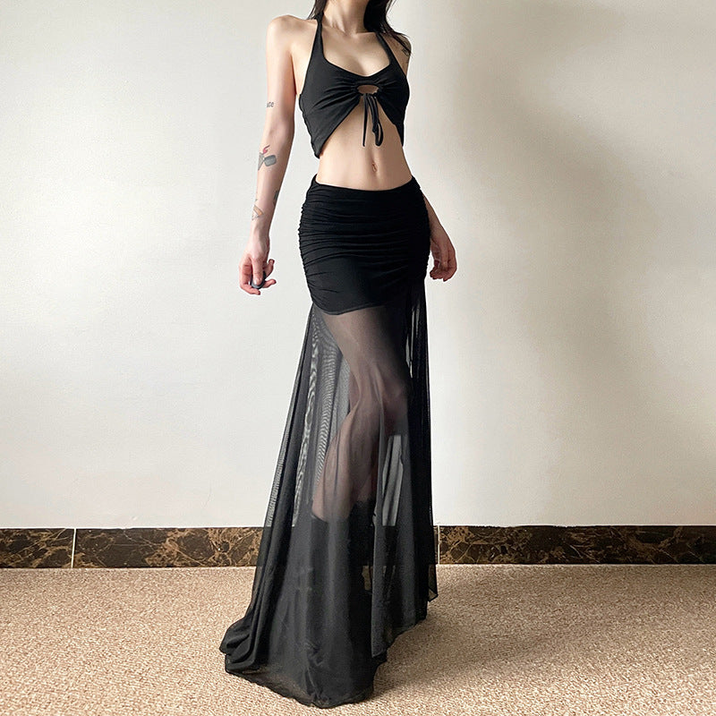 Free shipping  summer new women's clothing solid color slim-fit street fashion high-waisted gauze split skirt dress