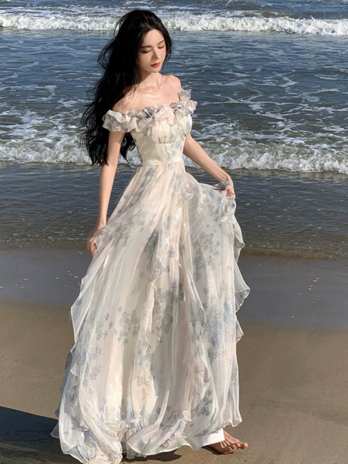 Fashion women's wear Seaside Vacation Style Suspender Skirt Yarn French Ruffled Beach Dress Atmosphere Long Skirt Elegant Fairy Style