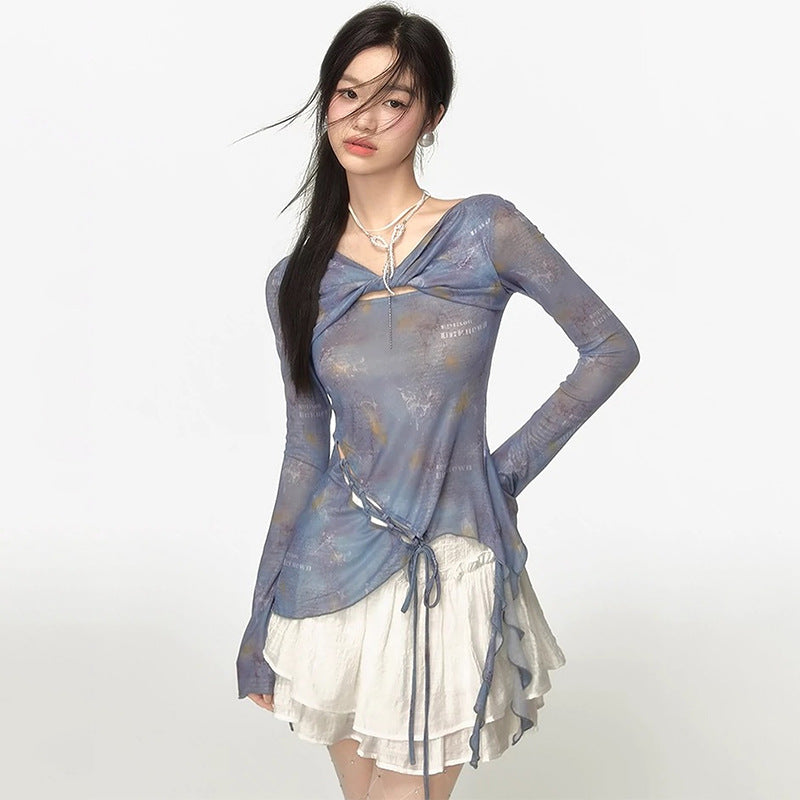 Free shipping   New Vintage Long Sleeve Kink Lace Up Irregular Slim Women's tops