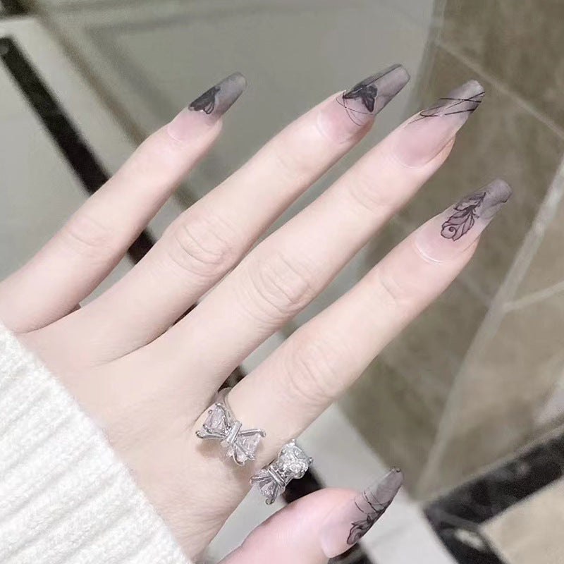 水墨玫瑰穿戴甲蝴蝶指甲贴片线条美甲片暗黑系假指甲美甲贴片成品