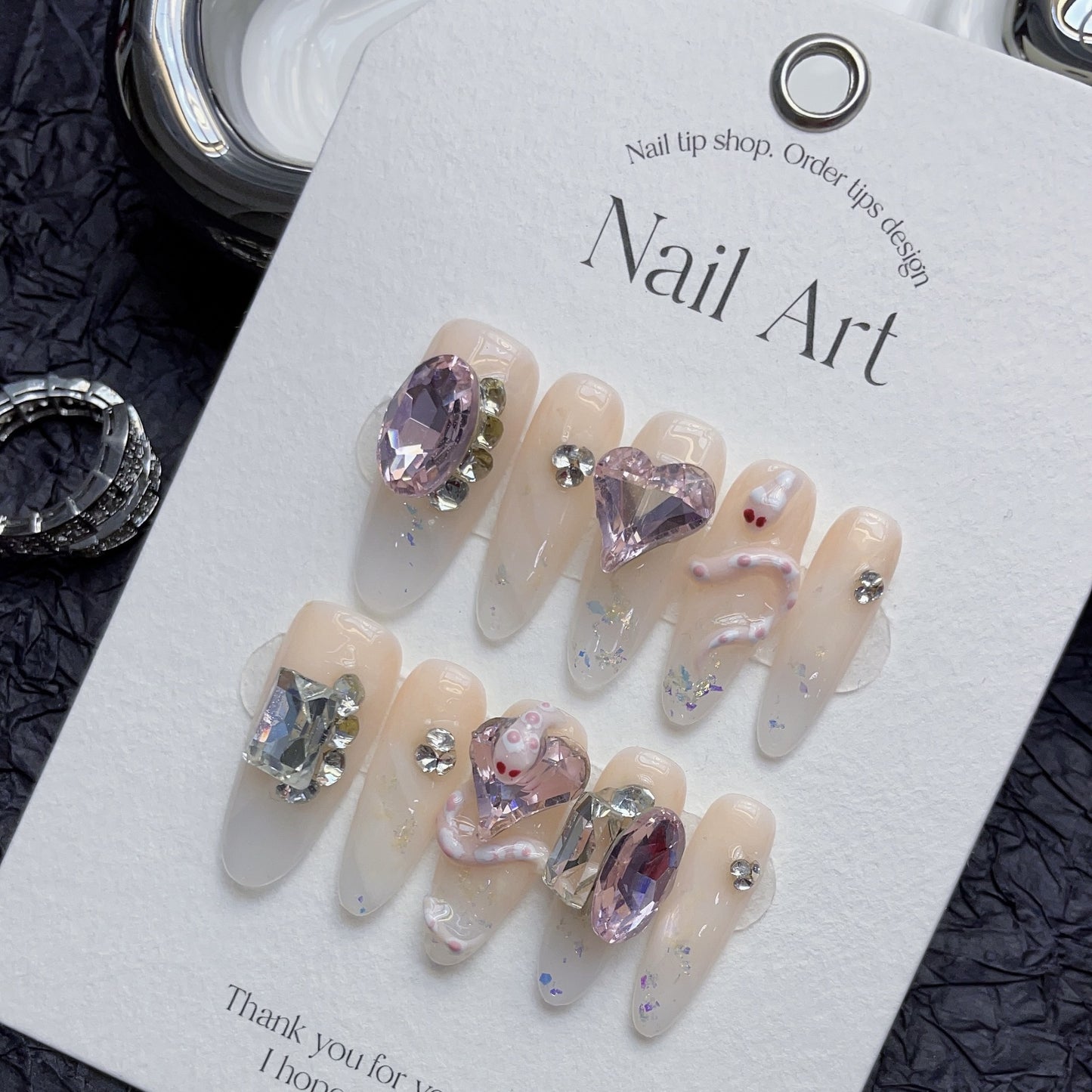 (Hand-Made Nail) Wear Nail Handmade Finished Nail Beauty Fake Nail Patch Niche Advanced Pink Baby Snake Ice Transparent Nude Color Flashing