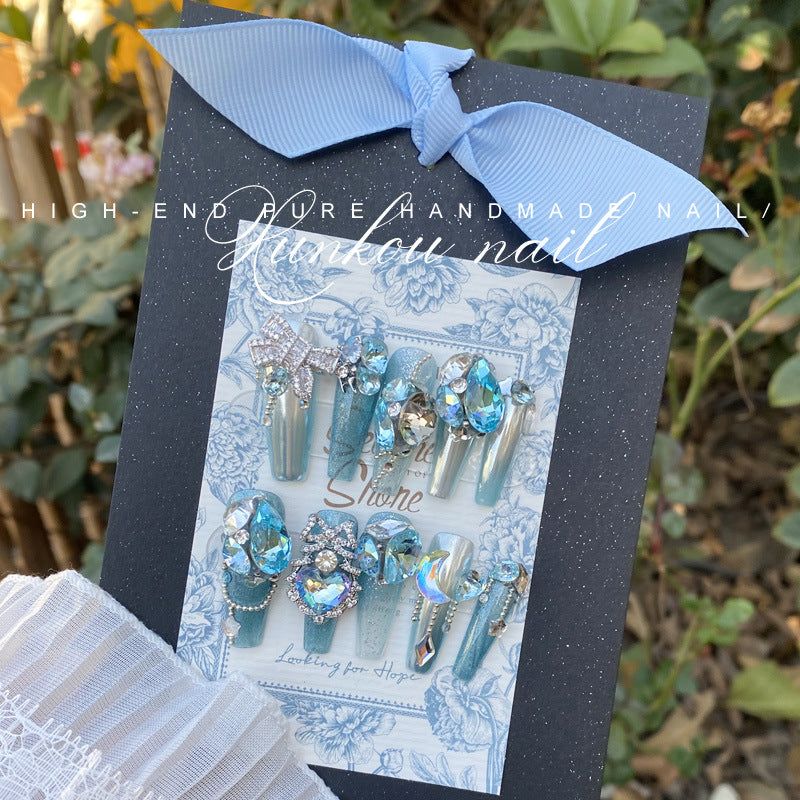 (Hand-Made Nail) Handmade Wear Nail Manicure Heavy Work Light Luxury Blue Star River Flash Diamond Ice Transparent Blooming Bow Hand Painted