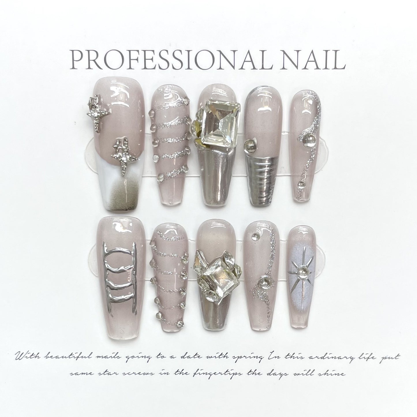 Hand-Made Nail Wear Nail Fake Nail Patch Niche Personality High-Tech Ice Transparent Rhinestone Magic Mirror Four Eight-Pointed Stars Finished Product