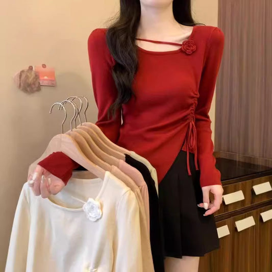 Dopamine tops Free shipping Tattoo Design sense dopamine red three-dimensional flower long-sleeved knitted sweater women's autumn and winter side drawstring outer top women