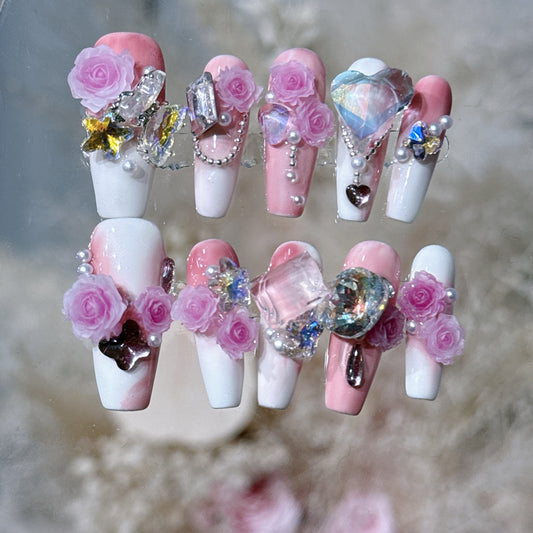 Hand-Worn Nail Dried Rose Three-Dimensional Flower Fake Nail Patch Nail Sticker Pieces Manicure Best-Seller on Douyin Nail Sticker