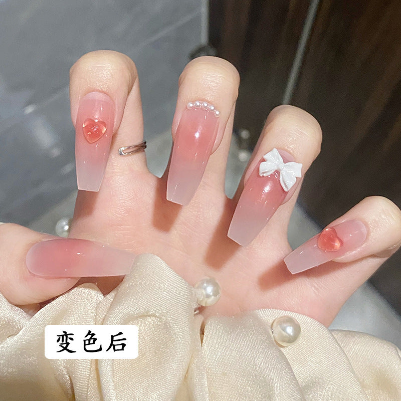 变色爱心穿戴甲蝴蝶结珍珠指甲贴片美甲片假指甲美甲贴片成品甲片